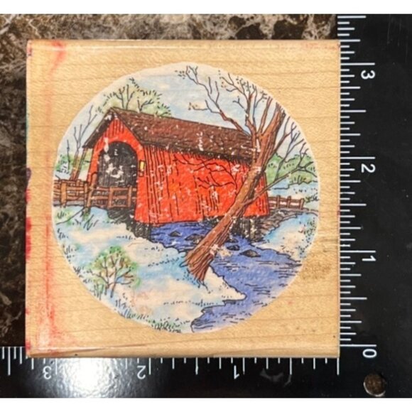 Vintage Stampendous! Christmas Etchling Rubber Stamp Covered Bridge Q048 - Picture 1 of 6